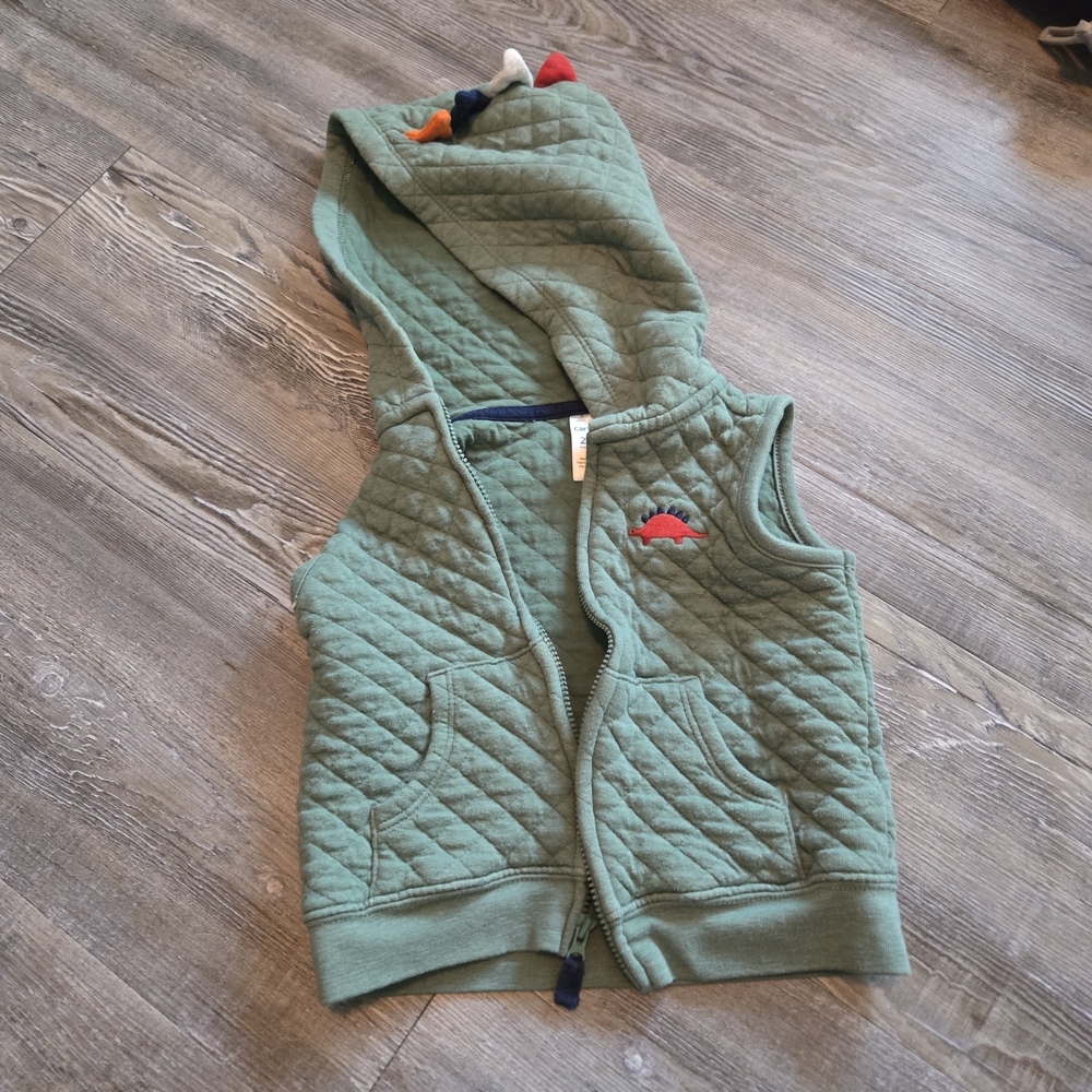 24m Boys Quilted Hooded Toddler Vest with Dino Detail